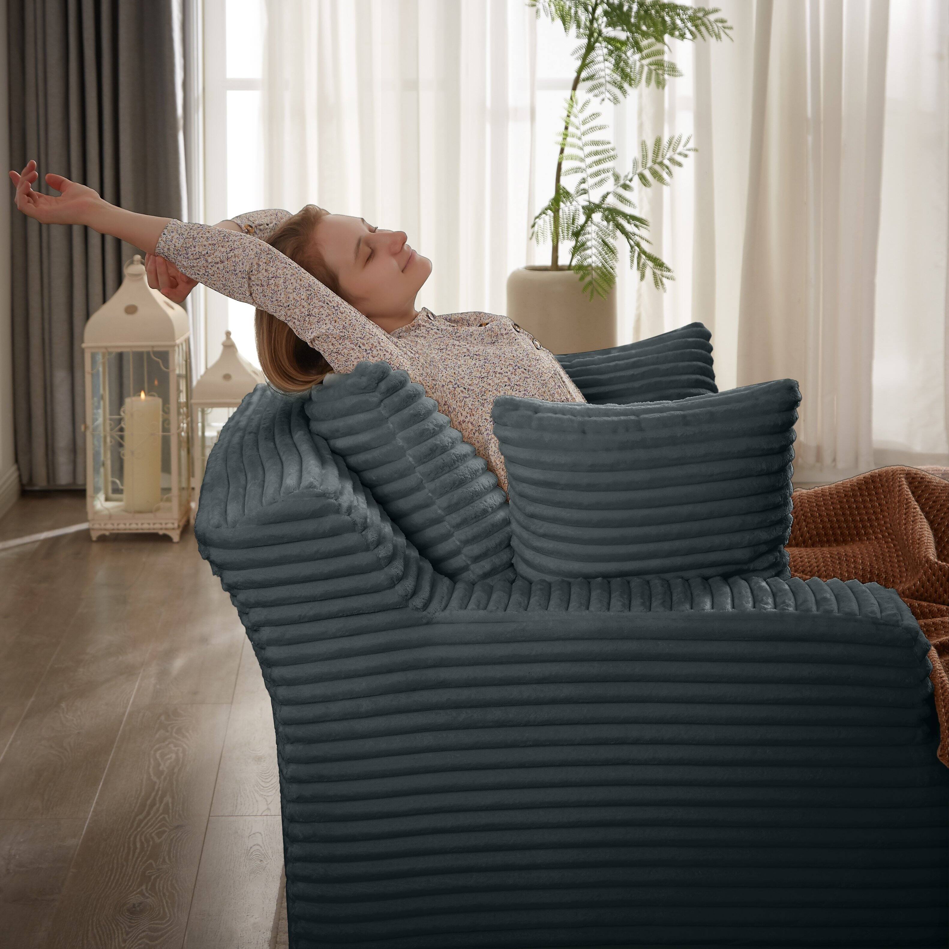 Back. Trinkets Crazed - 49.2 Inches Corduroy Chaise Lounge Indoor, Oversized Chaise Lounge Chair with 3 Throw Pillows and Armrests - Dark Grey.