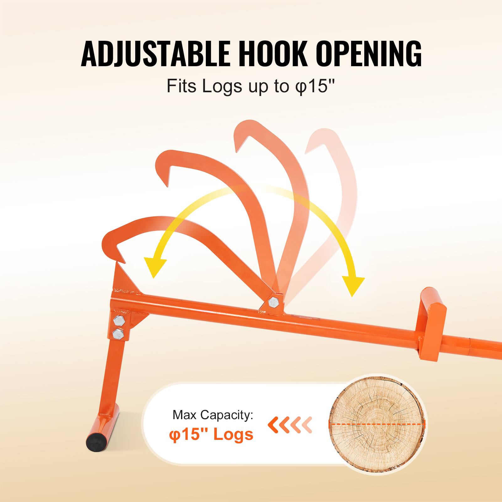 ADJUSTABLE HOOK OPENING  
Fits Logs up to 15"  

Max Capacity: 15" Logs
