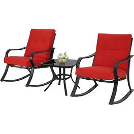 Hivvago - Outdoor 3-Piece Patio Furniture Rocking Chairs Table Set with Cushions - Red