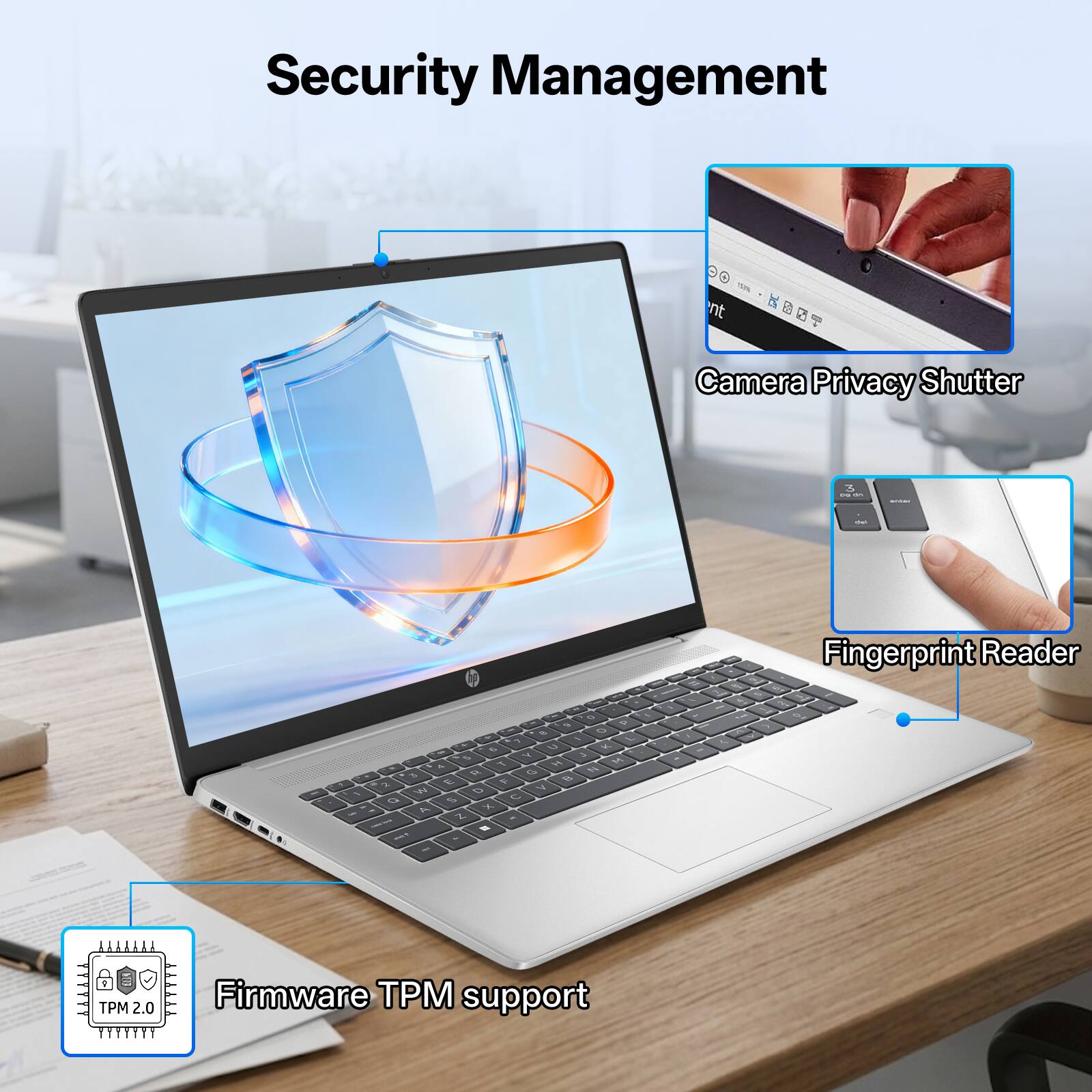 Security Management

150% nt

Camera Privacy Shutter

Fingerprint Reader

Firmware TPM support
