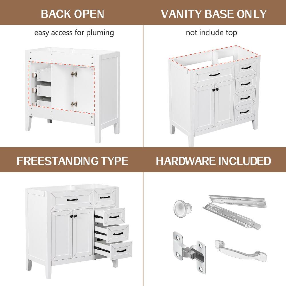 BACK OPEN  
VANITY BASE ONLY  
easy access for plumbing  
not include top  
FREESTANDING TYPE  
HARDWARE INCLUDED