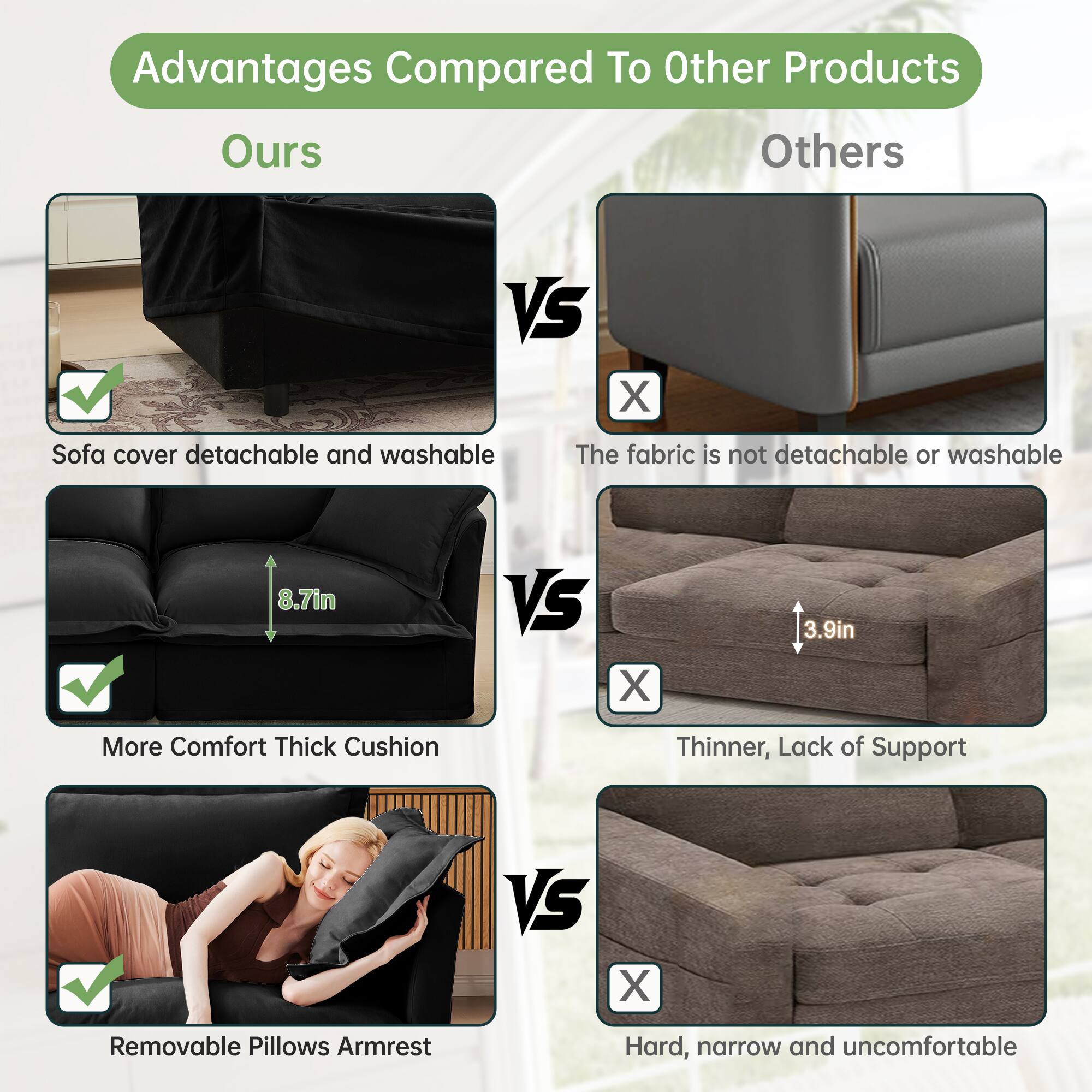 Advantages Compared To Other Products

Ours VS Others

- Sofa cover detachable and washable
  - The fabric is not detachable or washable

- More Comfort Thick Cushion
  - 8.7in VS 3.9in
  - Thinner, Lack of Support

- Removable Pillows Armrest
  - Hard, narrow and uncomfortable