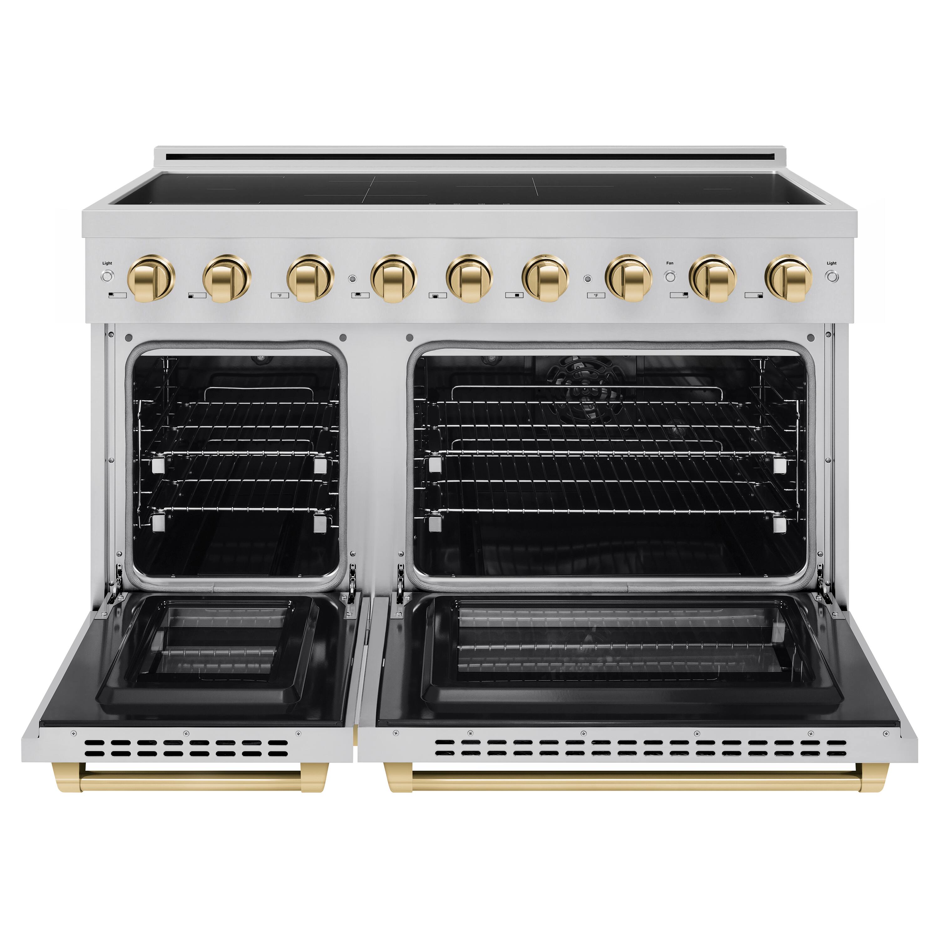Angle. ZLINE - Autograph 48 in. 6.7 cu. ft. Paramount Freestanding Induction Range with 7 Element Cooktop & Polished Gold Accents - Stainless Steel.