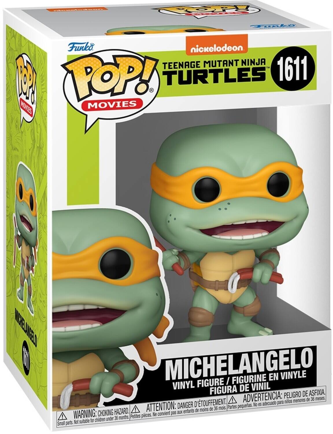 The text on the image is:

"TOOPY Tle Funko nickelodeon. TEENAGE MUTANT NINJA TURTLES 1611 R MOVIES MOVIES IREANEA 10 MICHELANGELO I FIGURINE EN VINYLE VINYL FIGURE VINIL FIGURA DE PELIGRO DE ASFIXIA. D'TOUFFEMENT. ADVERTENCIA: para niños menores de 36 meses. DANGER pequeñas. No es adecuado HAZARD. ATTENTION: a los niños de menos de 36 meses, Partes WARNING: CHOKING Petites pièces. Ne convient pas children under 36 months. Not suitable for Small parts."

Corrected and grouped text:

"TOOPY Tle Funko nickelodeon. TEENAGE MUTANT NINJA TURTLES 1611 R MOVIES MOVIES IREANEA 10 MICHELANGELO I FIGURINE EN VINYLE VINYL FIGURE VINIL FIGURA DE PELIGRO DE ASFIXIA. D'TOUFFEMENT. ADVERTENCIA: para niños menores de 36 meses. DANGER pequeñas. No es adecuado HAZARD. ATTENTION: a los niños de menos de 36 meses, Partes WARNING: CHOKING Petites pièces. Ne convient pas children under 36 months. Not suitable for Small parts."

The corrected text should be:

"Funko Pop! Movies Teenage Mutant Ninja Turtles 1611 Michelangelo. Figurine en vinyle, vinyl figure, vinil figura de peligro de asfixia. Advertencia: para niños menores de 36 meses. Danger, petites pièces. Ne convient pas children under 36 months. Not suitable for small parts."