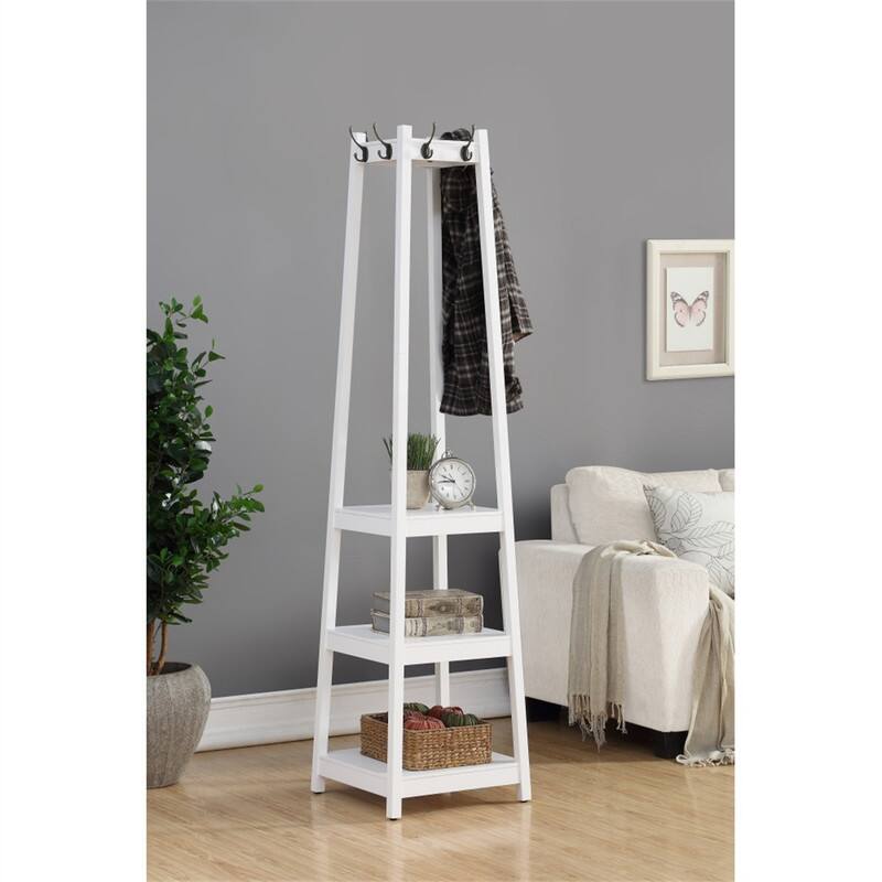 Angle. ALEXOUN - Coat Rack with 3-Tier Storage Shelves - Wood, Big Hooks for Coats, Scarves, Jackets, Extra Storage for Home - White.