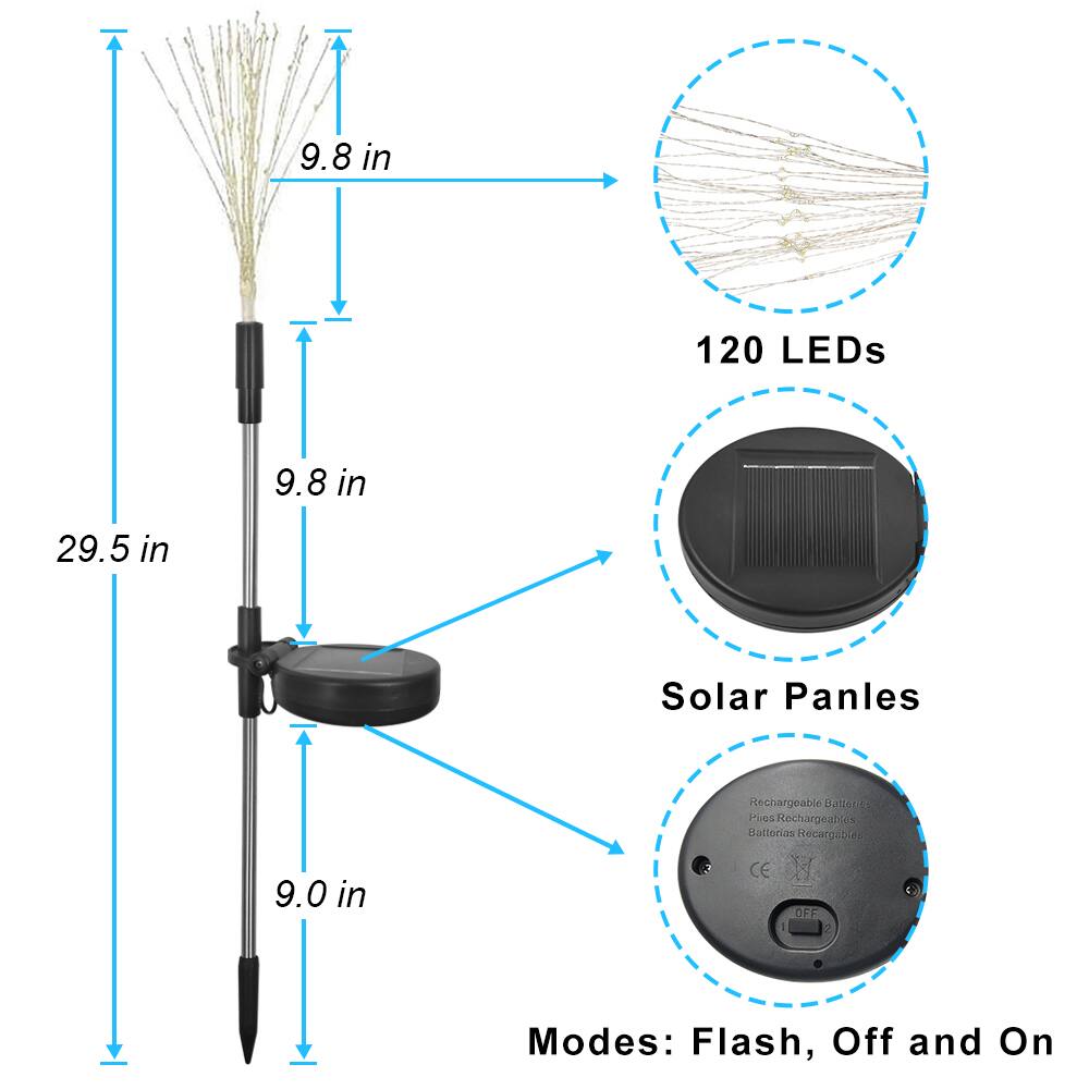 9.8 in 120 LEDs  
9.8 in 29.5 in Solar Panels  
Rechargeable Batteries  
Modes: Flash, Off, and On