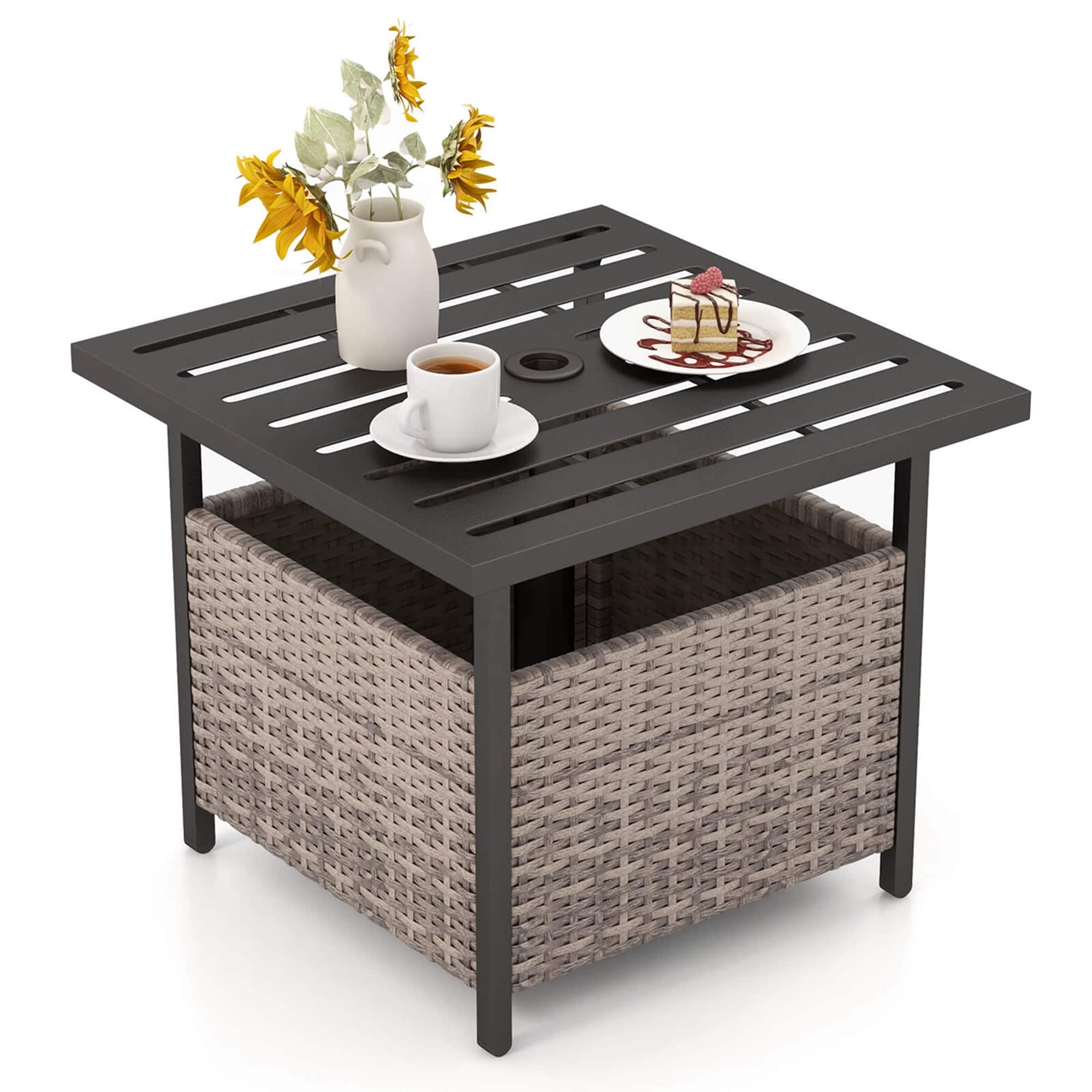 Front. Costway - Rattan Wicker Steel Side Table Outdoor Furniture Deck Garden Patio Pool - Gray.