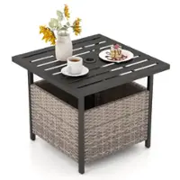 Costway Rattan Wicker Steel Side Table Outdoor Furniture Deck Garden Patio Pool - Gray - Front_Zoom