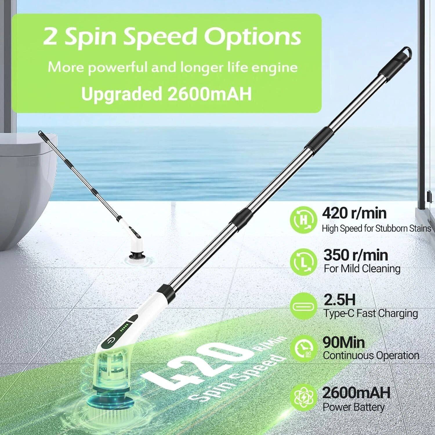 2 Spin Speed Options  
More powerful and longer life engine  
Upgraded 2600mAH  

420 r/min  
High Speed for Stubborn Stains  

350 r/min  
For Mild Cleaning  

2.5H  
Type-C Fast Charging  

90Min  
Continuous Operation  

2600mAH  
Power Battery