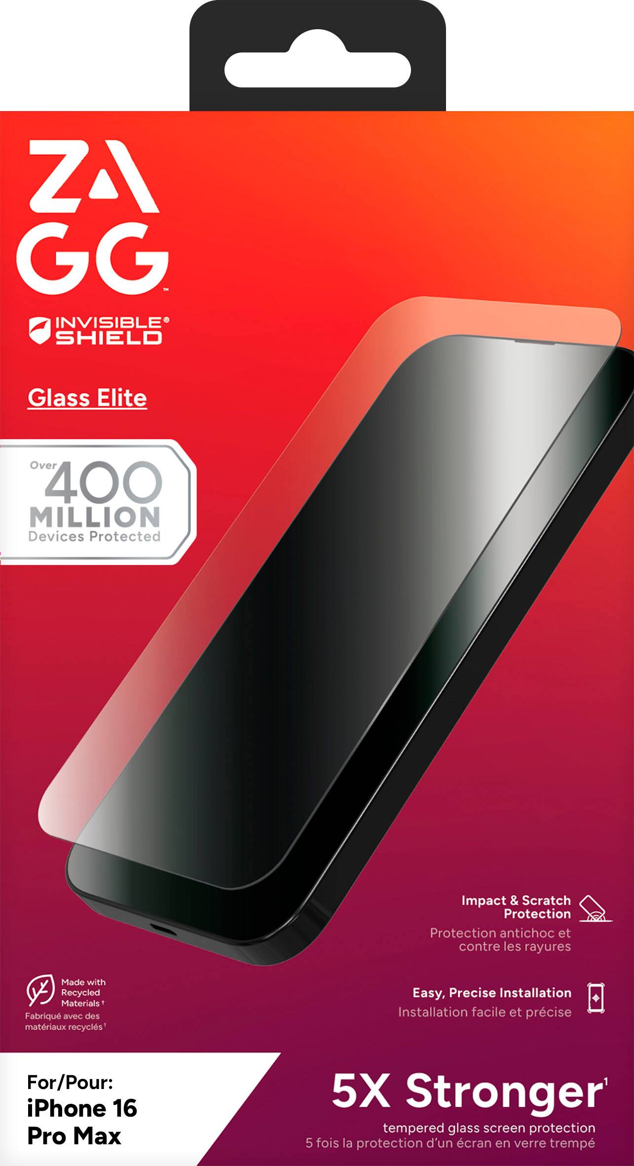 ZAGG INVISIBLE SHIELD Glass Elite: Over 400 Million Devices Protected. Impact & Scratch Protection. Protection antichoc et contre les rayures. Made with Recycled Materials. Fabriqu avec des matriaux recycls' Easy, Precise Installation. For/Pour: iPhone 16 Pro Max. 5X Stronger tempered glass screen protection.
