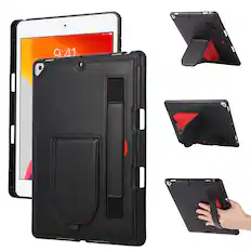 Front. Dteck - Shockproof Case for Apple iPad (9th Generation) 10.2" 2021 with Hand Strap Kickstand, PU Leather TPU Protective Cover - Black.
