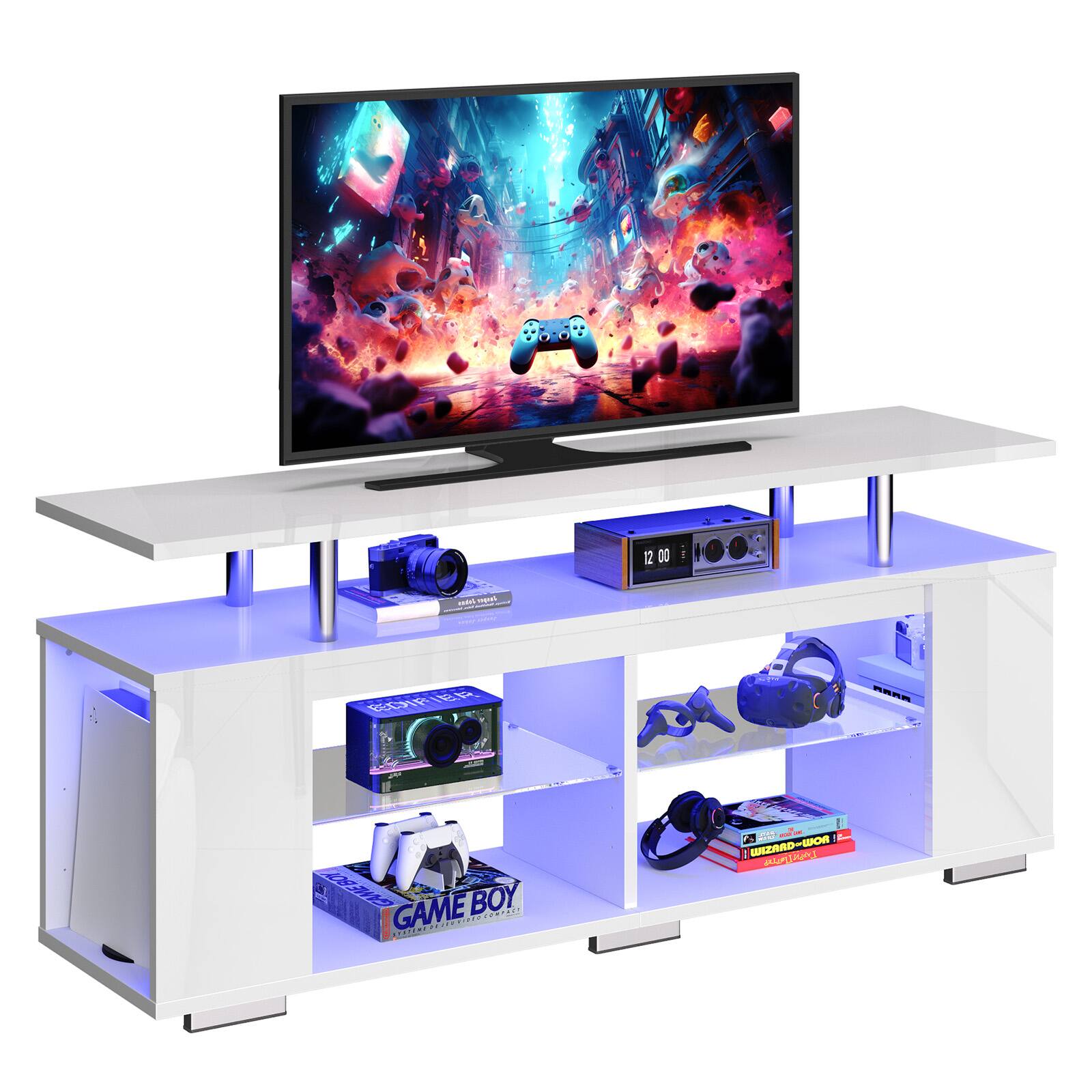 The image features a white entertainment center with a large flat screen TV on top. The TV is displaying a video game, and there are several video game remotes placed on the shelves below the TV. Additionally, there are multiple books scattered around the entertainment center, adding to the overall cozy and inviting atmosphere of the space.