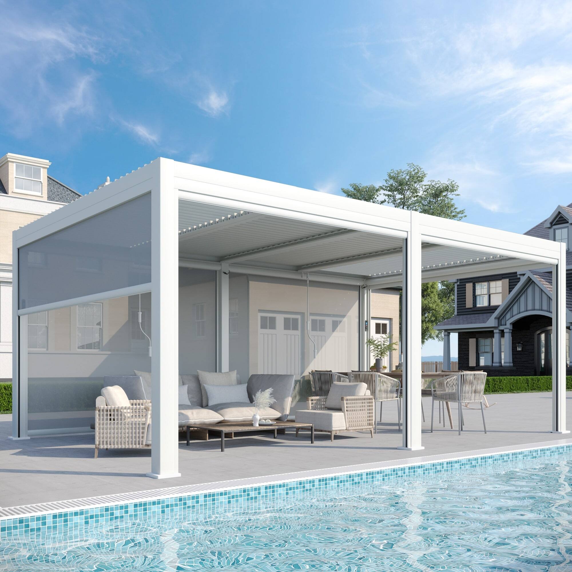 Alt View 5. U-HOMY - 12'x20' Outdoor Aluminum Louvered Pergola Gazebo with Adjustable Rainproof Roof and Pull-Down Privacy Screen - White.