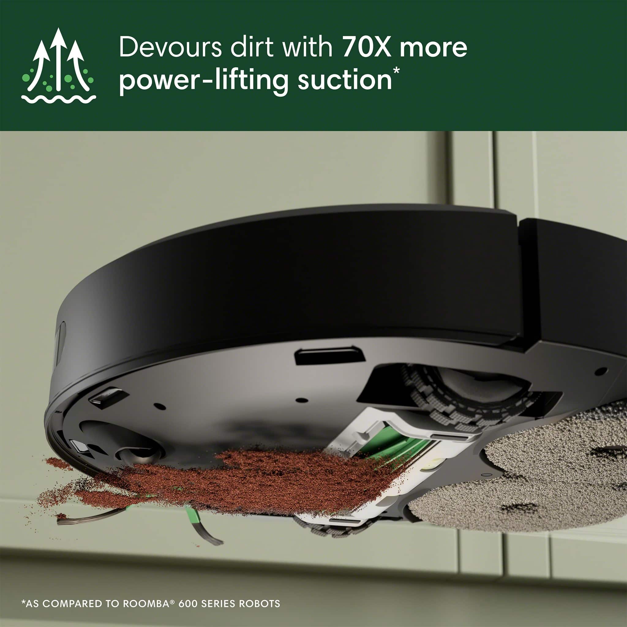 The image features a robot vacuum with a dirt-filled container on top of it. The text on the image states that the robot vacuum has 70 times more power-lifting suction compared to the Roomba 600 series robots. This suggests that the robot vacuum is designed to efficiently clean and remove dirt from various surfaces.
