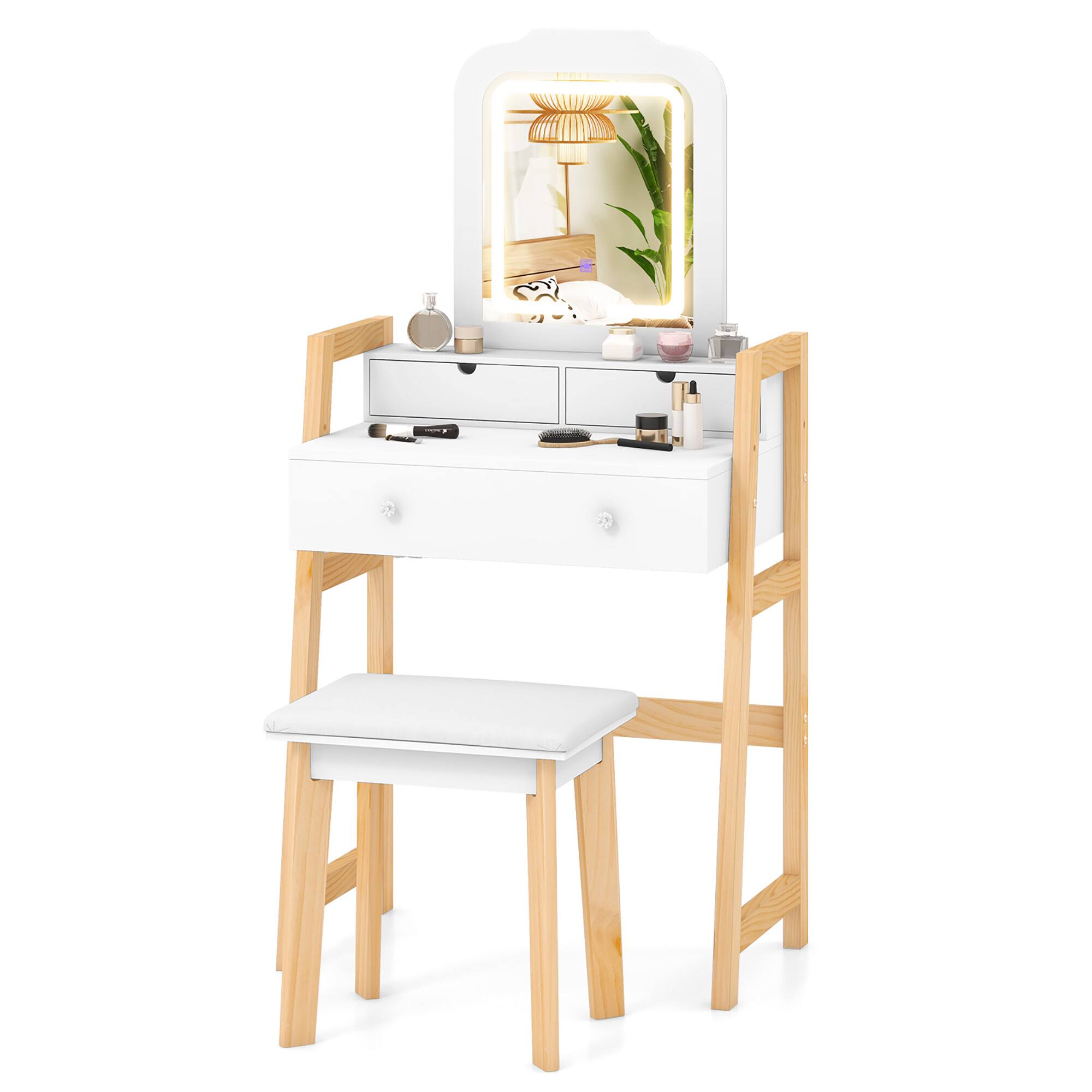 Alt View 8. Gymax - Gymax Vanity Desk Set w/ Mirror 3-Color LED Lights Drawers Solid Pine Wood Legs White - White.