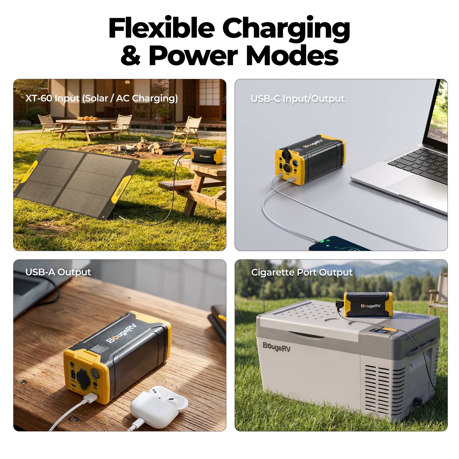 Flexible Charging & Power Modes  
XT-60 Input (Solar / AC Charging)  
USB-C Input/Output  
USB-A Output  
Cigarette Port Output