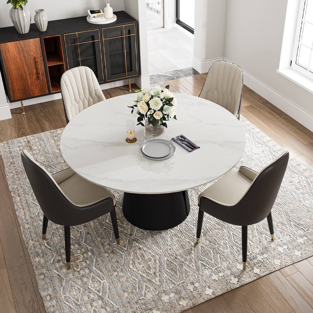 Left. POVISON - 51" Modern Round White Dining Table for 4, Glossy Sintered Stone Tabletop, Solid Black Carbon Steel Base - Glossy White Sintered Stone & Black Steel Base.