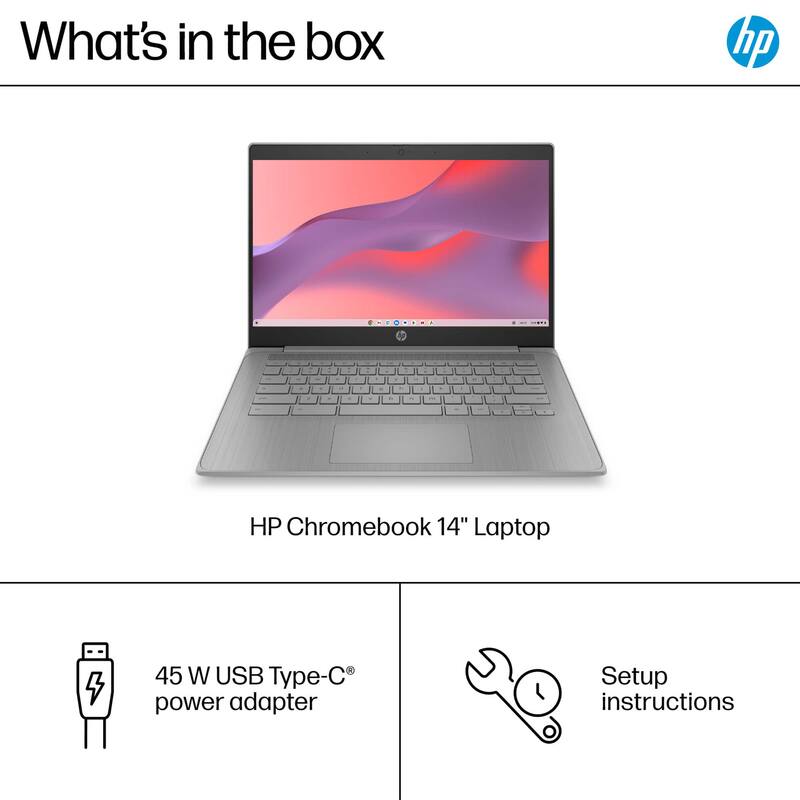 What's in the box

HP Chromebook 14" Laptop

- 45 W USB Type-C® power adapter
- Setup instructions