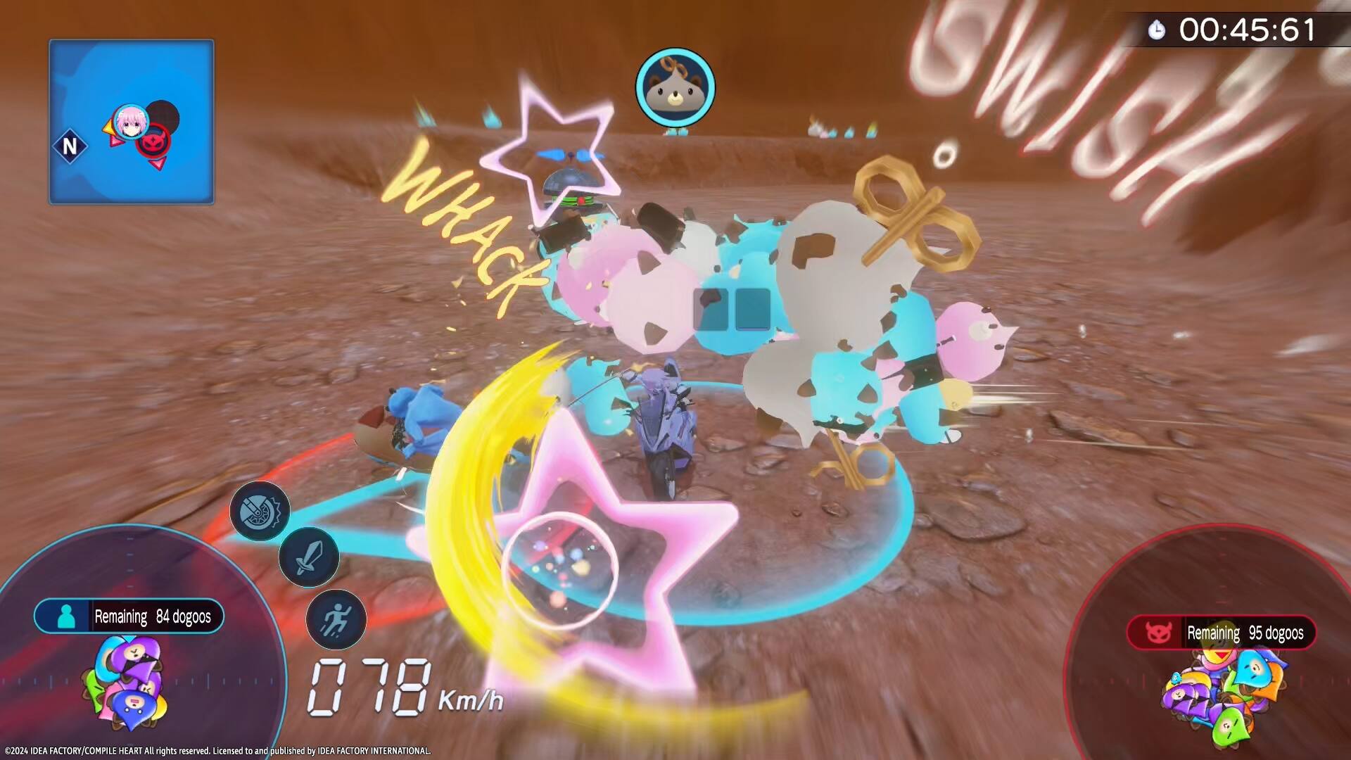 The text on the image reads: "WHACK 00:45:61 Remaining 84 dogoos 0 78 Km/h 2024 IDEA FACTORY/COMPILE HEART All rights reserved. Licensed o and published by DEA FACTORY INTERNATIONAL Remaining 95 dogoos."