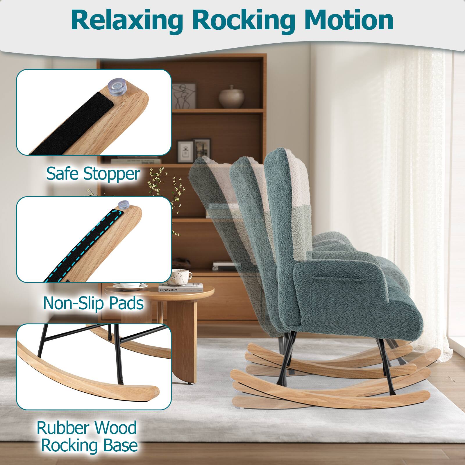 Relaxing Rocking Motion

Safe Stopper

Non-Slip Pads

Rubber Wood Rocking Base