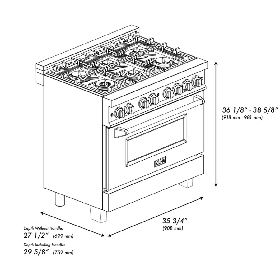 The image shows a stove with a range and oven. The stove has a depth of 27 1/2" (699 mm) without the handle and 29 5/8" (752 mm) including the handle. The range is 36 1/8" (918 mm) in length, and the oven is 38 5/8" (981 mm) in length.