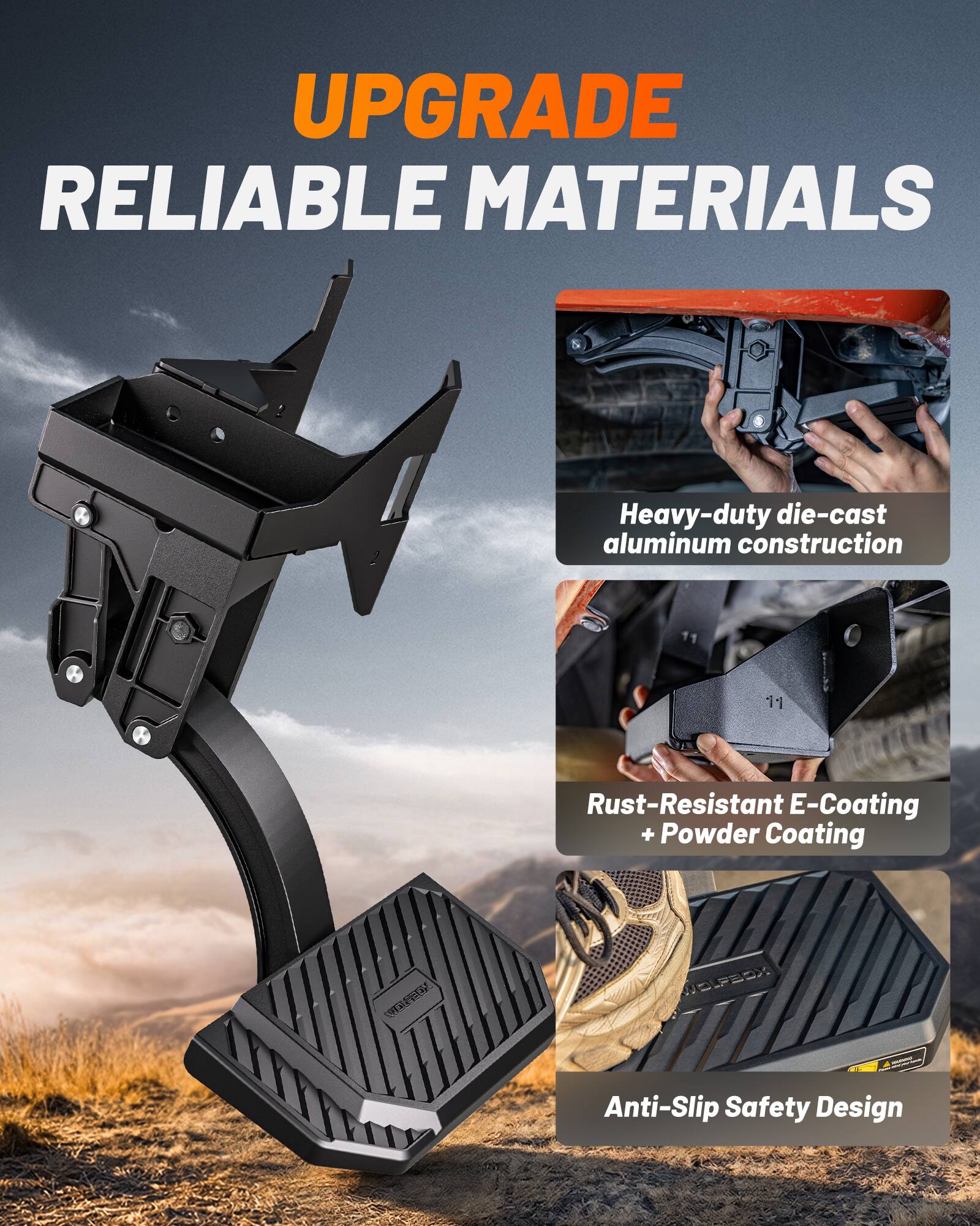UPGRADE RELIABLE MATERIALS

Heavy-duty die-cast aluminum construction

Rust-Resistant E-Coating + Powder Coating

Anti-Slip Safety Design
