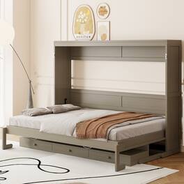 Anysun - Queen Size Wall Murphy Bed with Storage, Foldable Cabinet Bed with Vanity Desk, Center Mirror & 2 Side Drawers - Gray