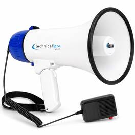 Technical Pro - Rechargeable 50W Portable Megaphone Bullhorn w 1000-ft Range, Siren, Record, Extra Microphone, Strap- Blue