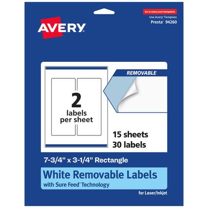 Go to avery.com/templates
Use Avery Template Presta® 94260
2 labels per sheet
15 sheets
30 labels
7-3/4" x 3-1/4" Rectangle
White Removable Labels with Sure Feed® Technology for Laser/Inkjet