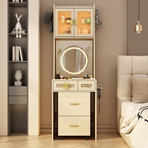 Alt View 1. Winado - Small Space Makeup Vanity Set LED Lighted Mirror Power Outlet & DIY Pegboard, Hidden Storage Under the Seat - Rattan.