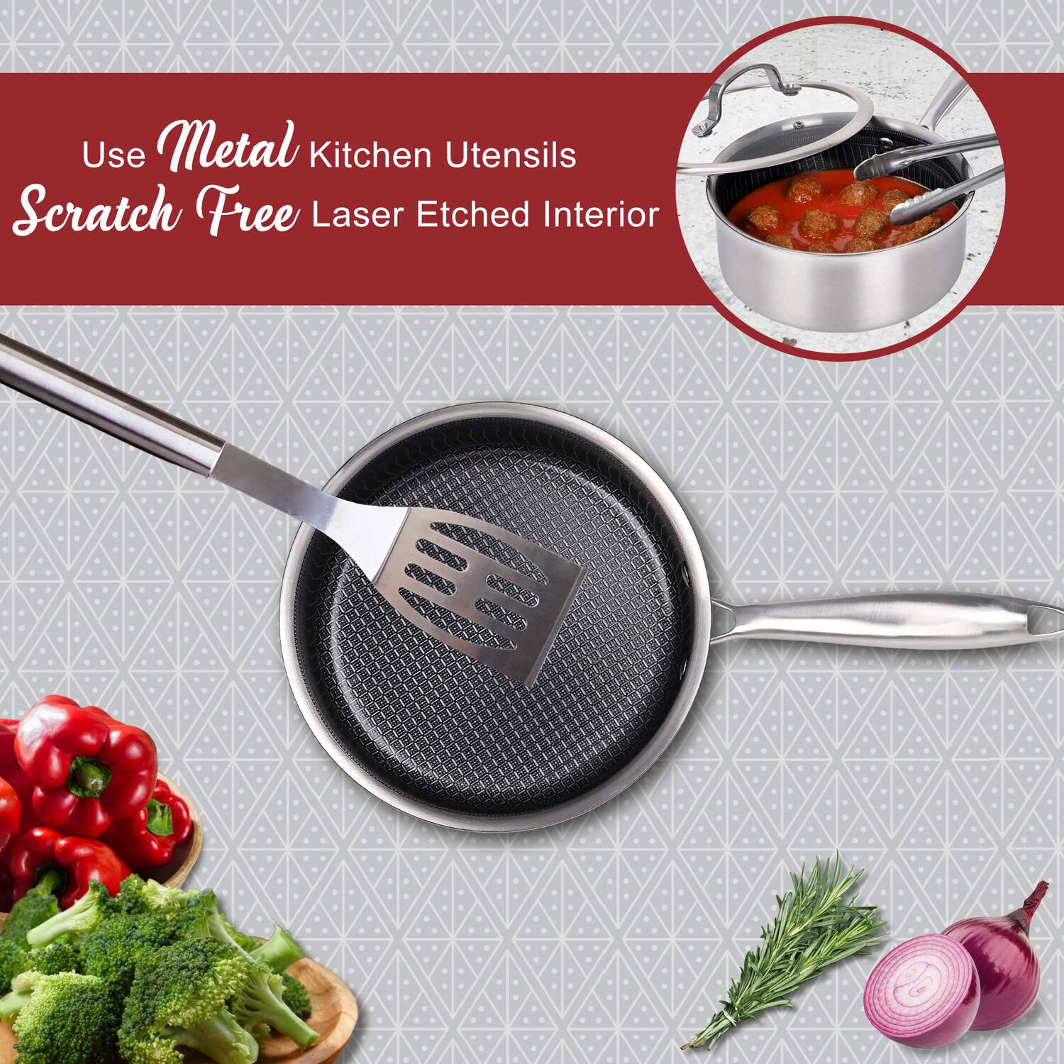 Use Metal Kitchen Utensils  
Scratch Free Laser Etched Interior