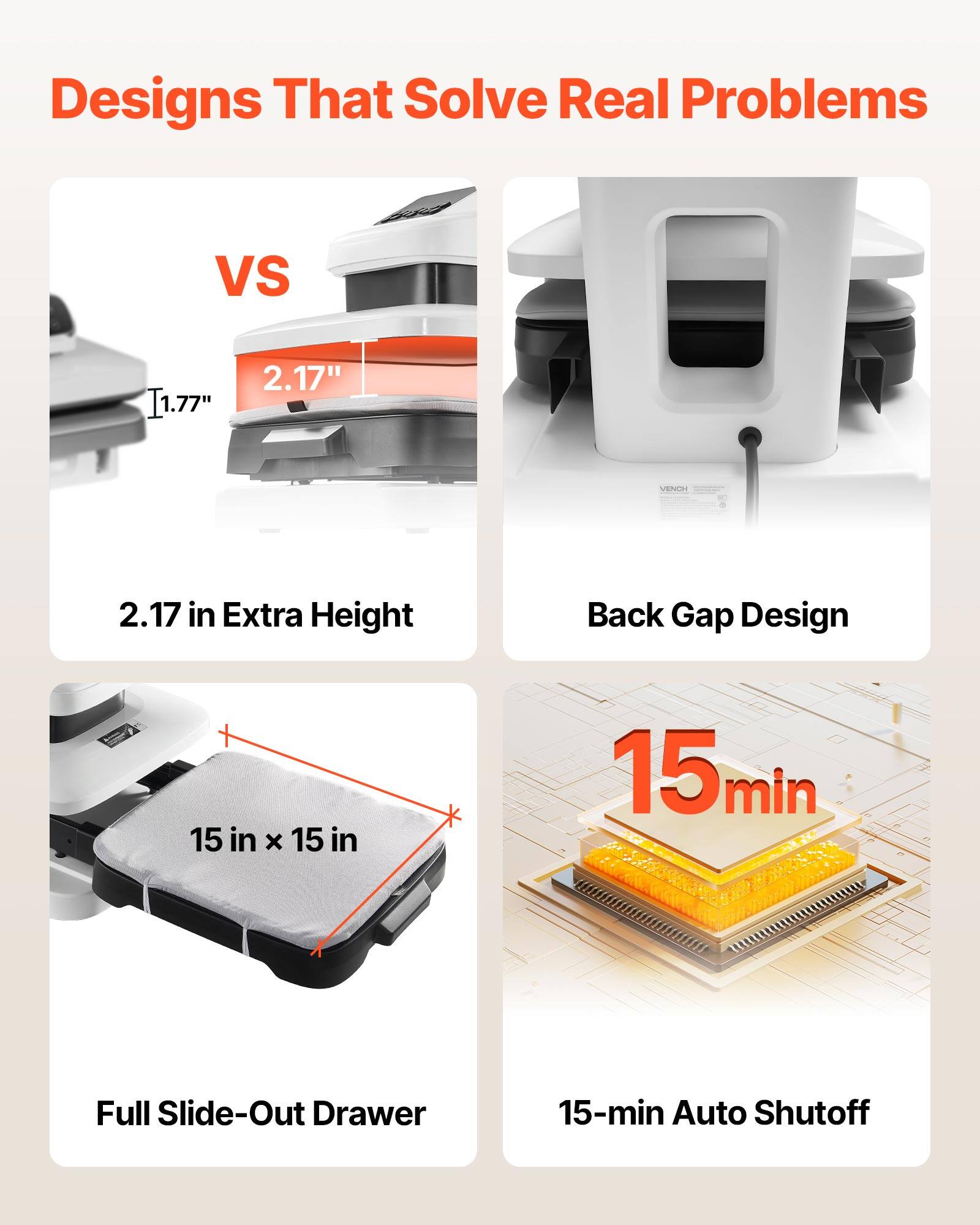 Designs That Solve Real Problems

VS

1.77" 2.17" CCM - 2.17 in Extra Height Back Gap Design

15 in x 15 in

15-min Full Slide-Out Drawer

15-min Auto Shutoff