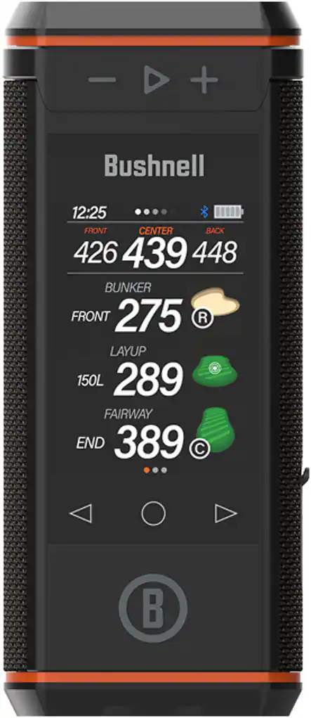 Bushnell - Wingman HD GPS Enabled Golf Rangefinder Bluetooth Speaker with Audio and Visual Distances, Magnetic Grip, and Power Bank - Black/Orange