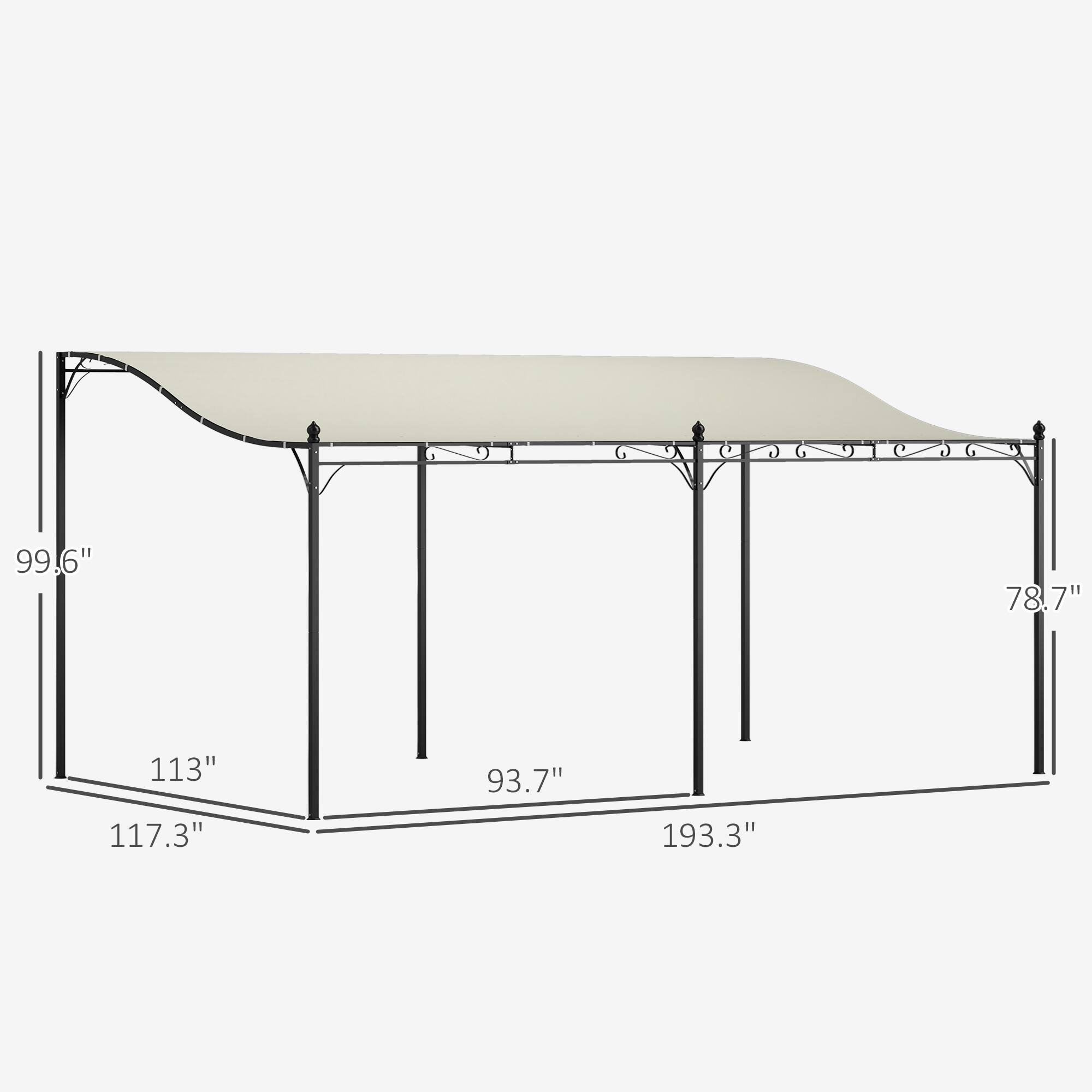 The text on the image is the dimensions of the awning. The dimensions are:

- Width: 193.3"
- Depth: 117.3"
- Height: 113"
- Side height: 99.6"
- Side depth: 93.7"
- Side width: 78.7"