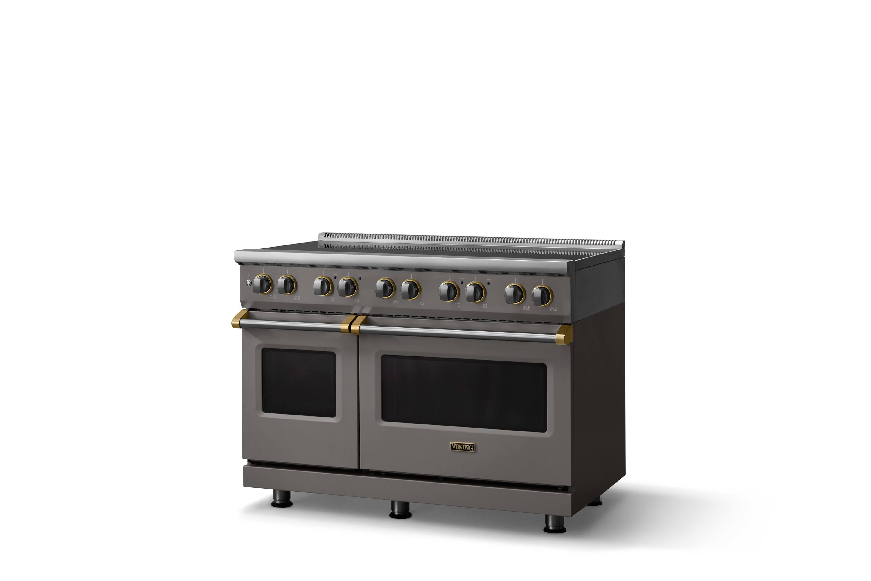 Angle. Viking - 48 in. Wide 6 Elements Pro 5 Series 7.3 Cu.Ft. Freestanding 6 Element Induction Convection Range with Brushed Brass Trim - Damascus Gray.