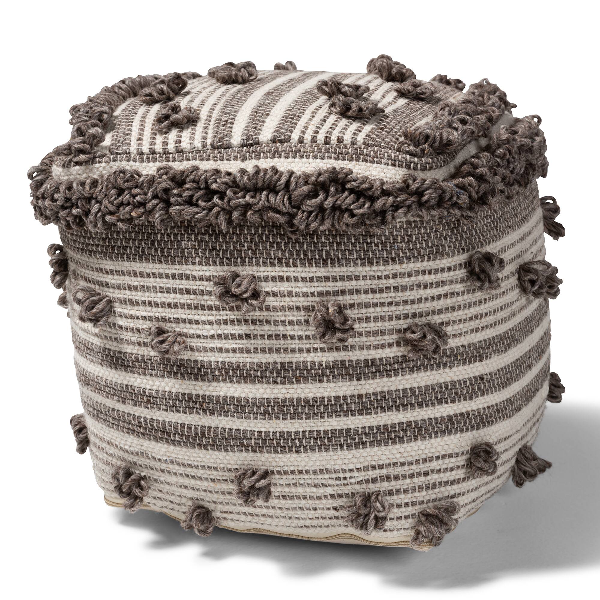 Baxton Studio - Eligah Moroccan Inspired Handwoven Wool Pouf Ottoman - Ivory/Brown