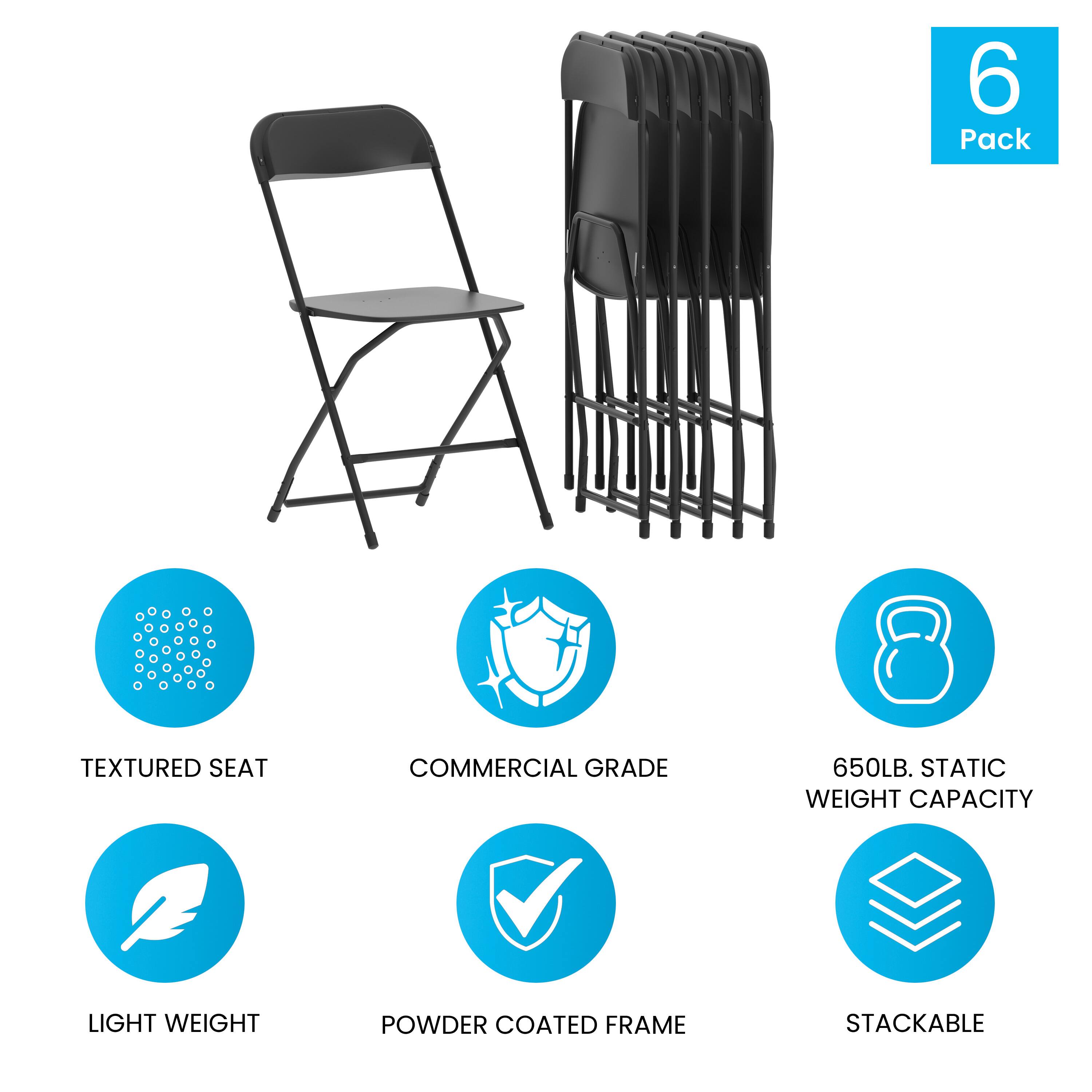 6 Pack  
TEXTURED SEAT  
COMMERCIAL GRADE  
650LB. STATIC WEIGHT CAPACITY  
LIGHT WEIGHT  
POWDER COATED FRAME  
STACKABLE