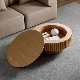 Trinkets Crazed - Round Coffee Table With Storage, Solid Wood Center Table Large Circle Wooden Accent Table - Natural