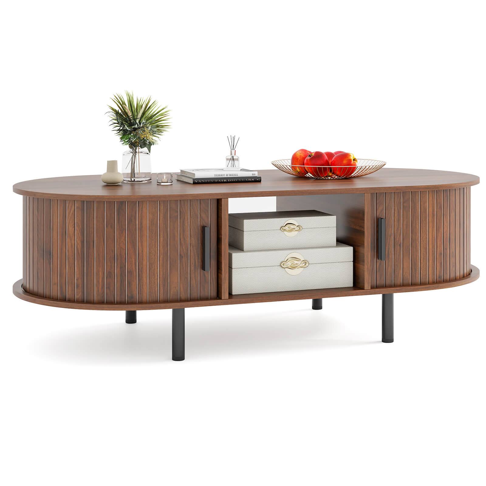 Angle. Costway - Costway 48" Mid Century Center Table with Sliding Fluted Doors & Open Compartment - Brown.