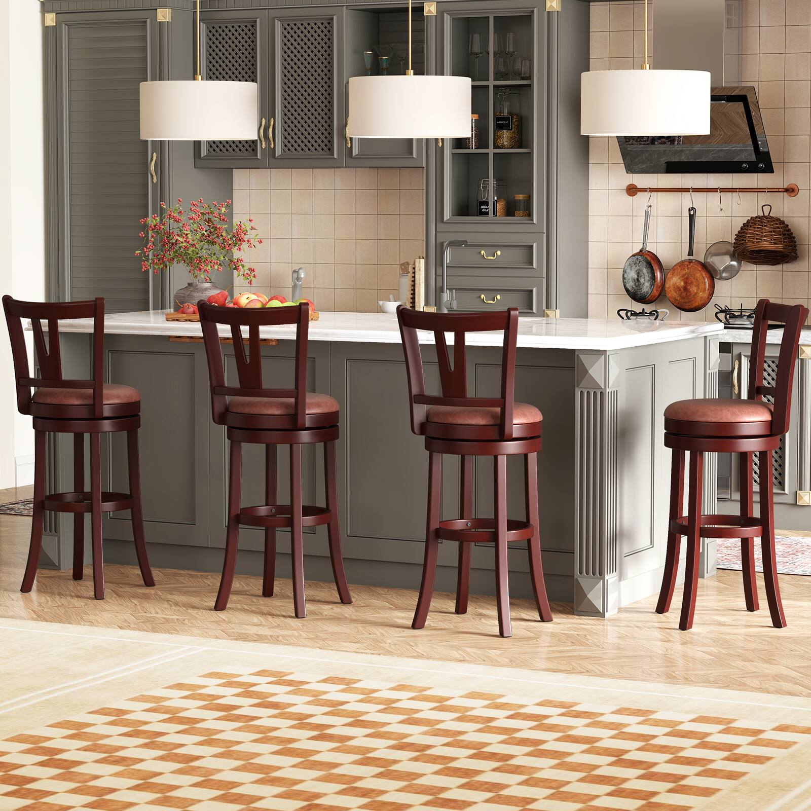Alt View 1. Gymax - Gymax 30'' Bar Height Swivel Barstools Set of 4 High Backs & Footrests Solid Wood - Brown.
