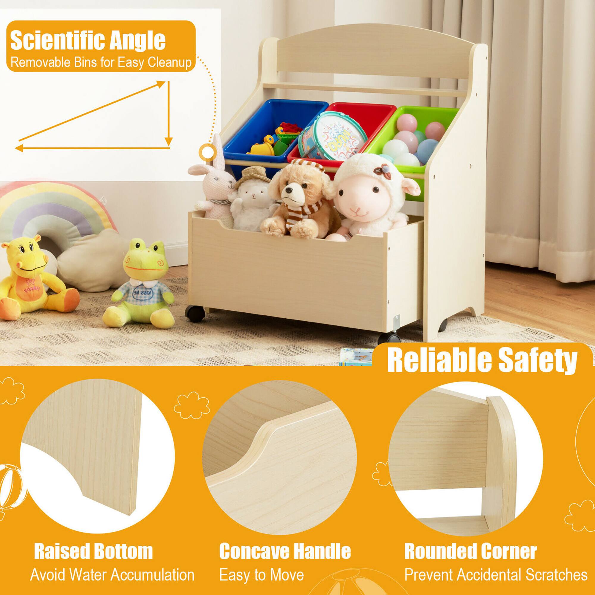 Scientific Angle  
Removable Bins for Easy Cleanup  

Reliable Safety  
Raised Bottom - Avoid Water Accumulation  
Concave Handle - Easy to Move  
Rounded Corner - Prevent Accidental Scratches