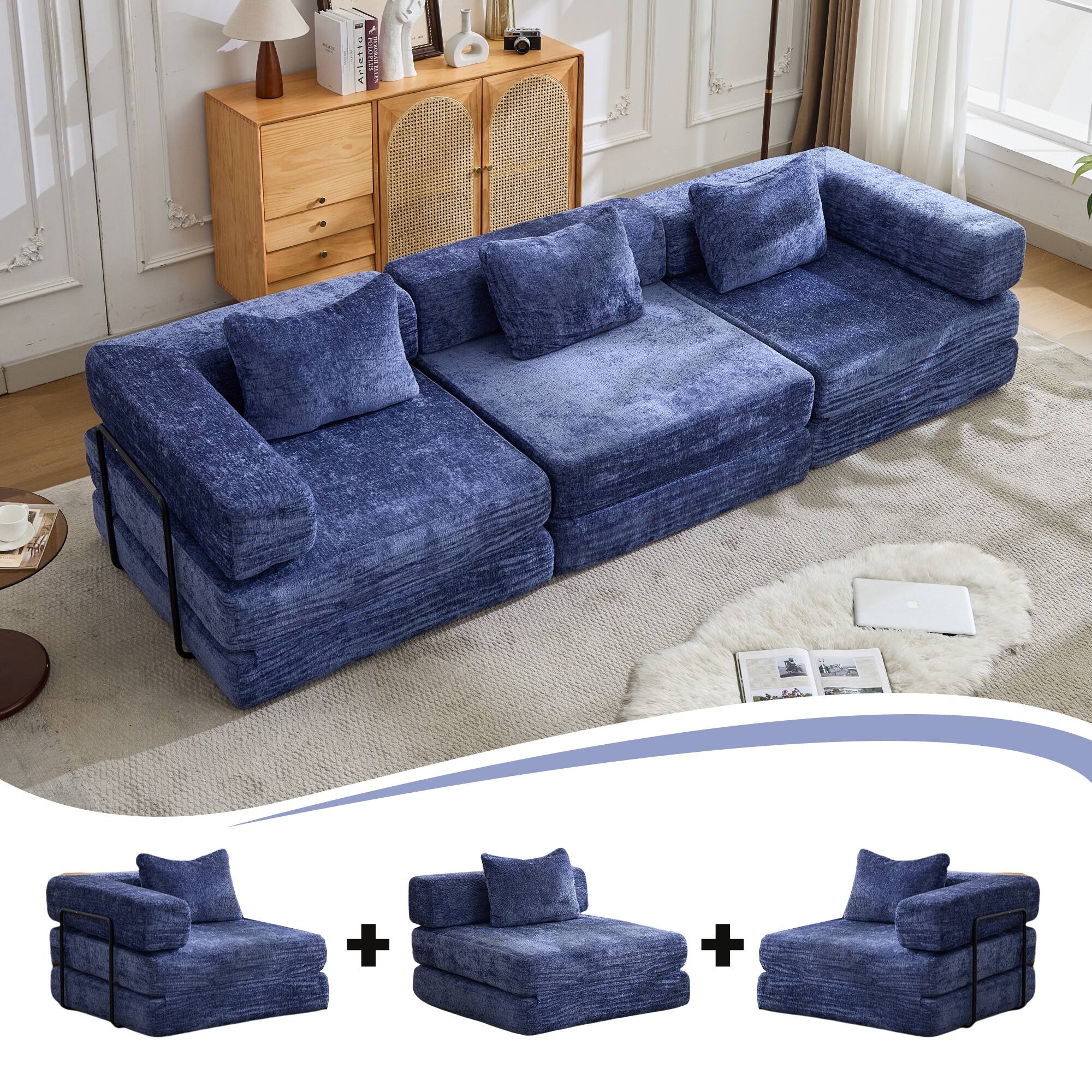 Alt View 7. Boyel Living - Modular Memory Foam Floor Sectional Sofa Bed - Dark Blue.
