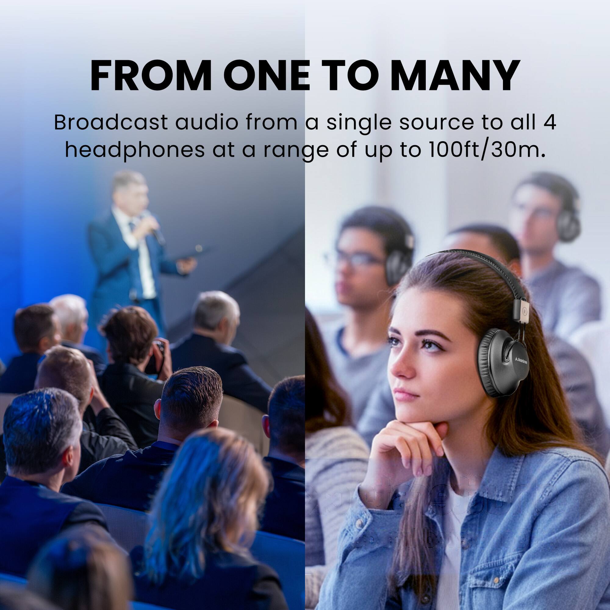 FROM ONE TO MANY

Broadcast audio from a single source to all 4 headphones at a range of up to 100ft/30m.