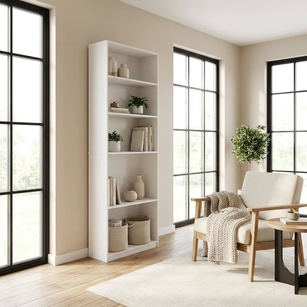 Left. FurniFact - White 5-Tier Adjustable Shelf Bookcase with Wooden Construction - White.