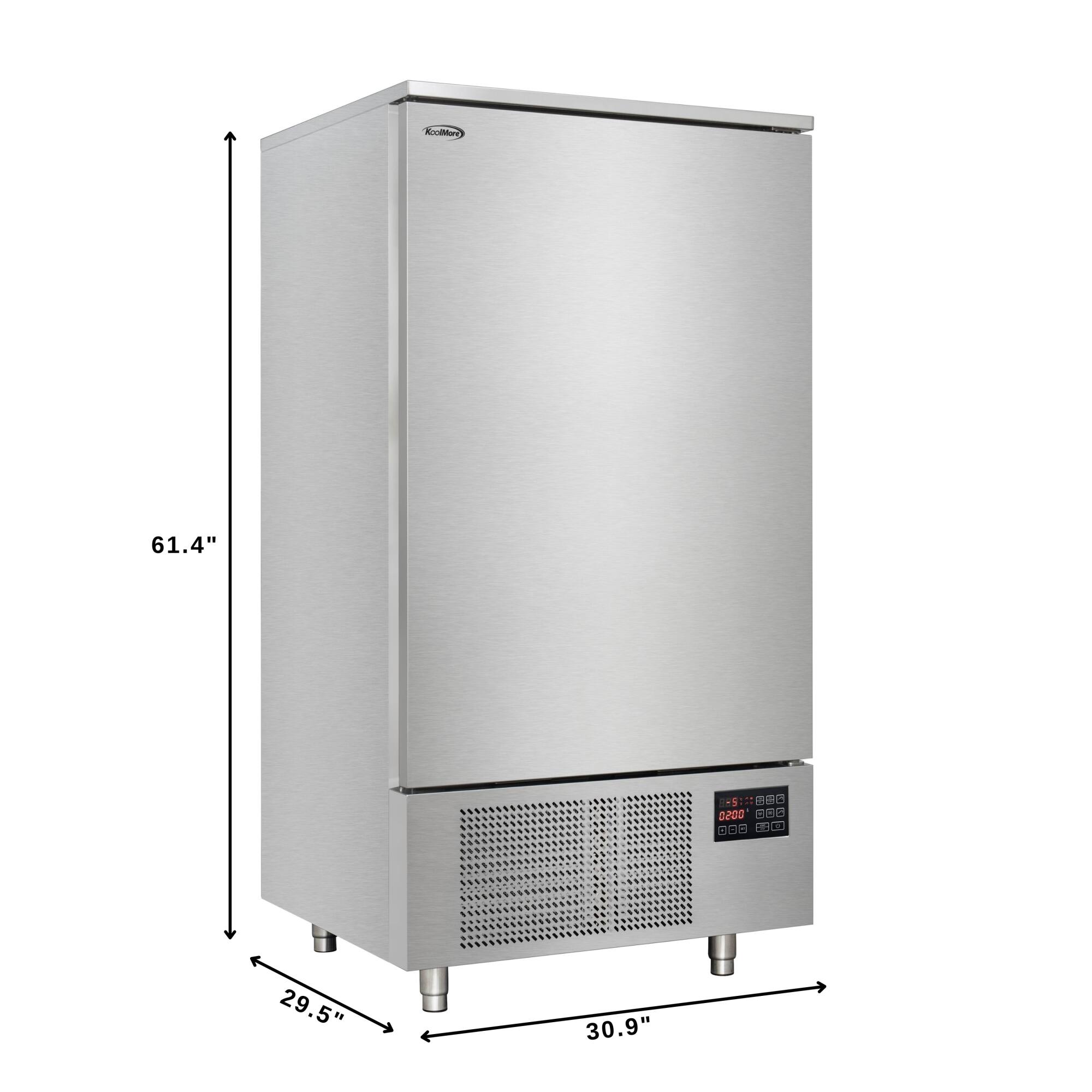 The text on the image reads: "Acoolta 61.4" 1:BC - 0200 aR -  - 29.5" 30.9". This text is likely a description of the dimensions and features of the stainless steel refrigerator.