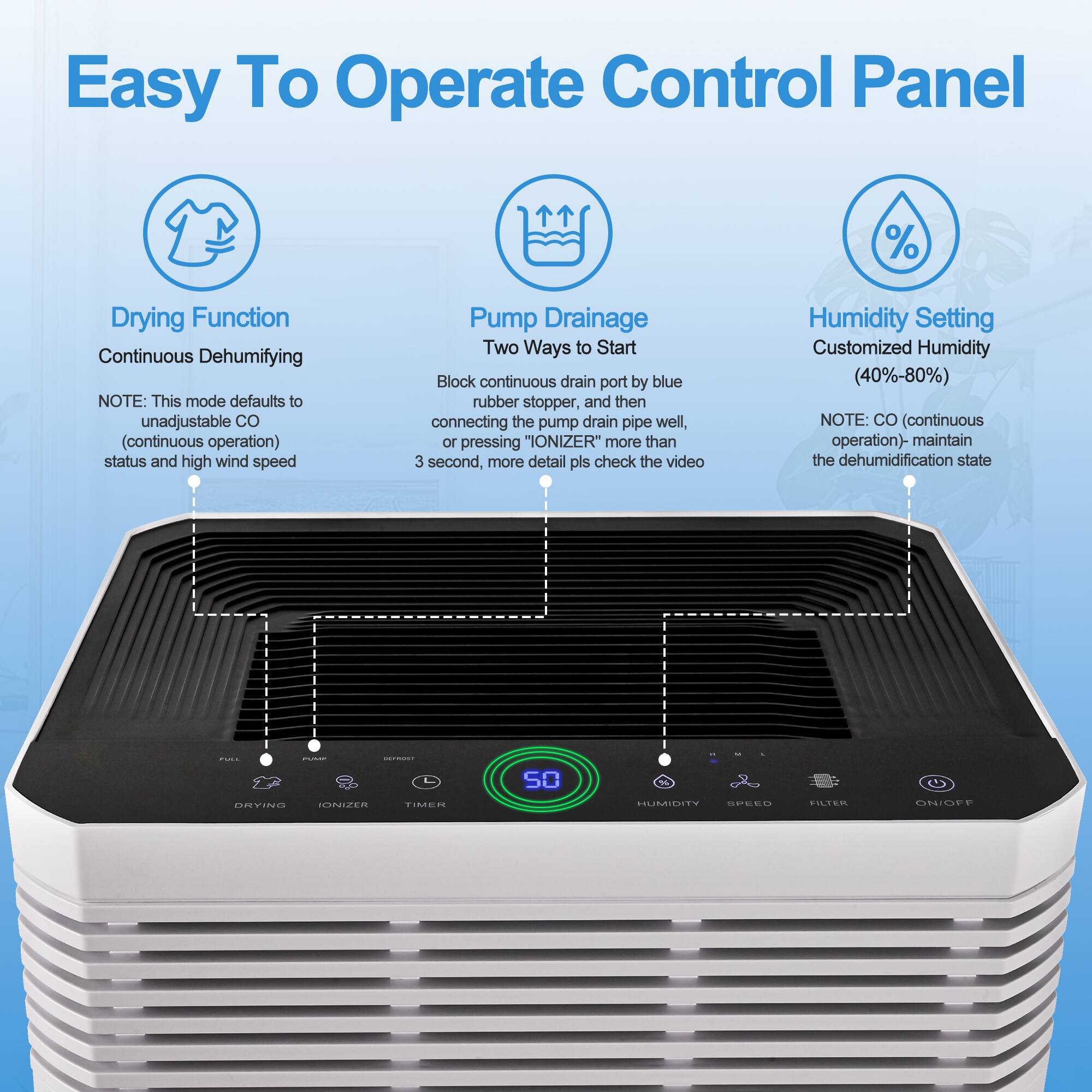 Easy To Operate Control Panel

Drying Function
Continuous Dehumidifying
NOTE: This mode defaults to unadjustable CO (continuous operation) status and high wind speed

Pump Drainage
Two Ways to Start
Block continuous drain port by blue rubber stopper, and then connecting the pump drain pipe well, or pressing "IONIZER" more than 3 seconds, more detail pls check the video

Humidity Setting
Customized Humidity (40%-80%)
NOTE: CO (continuous operation) - maintain the dehumidification state