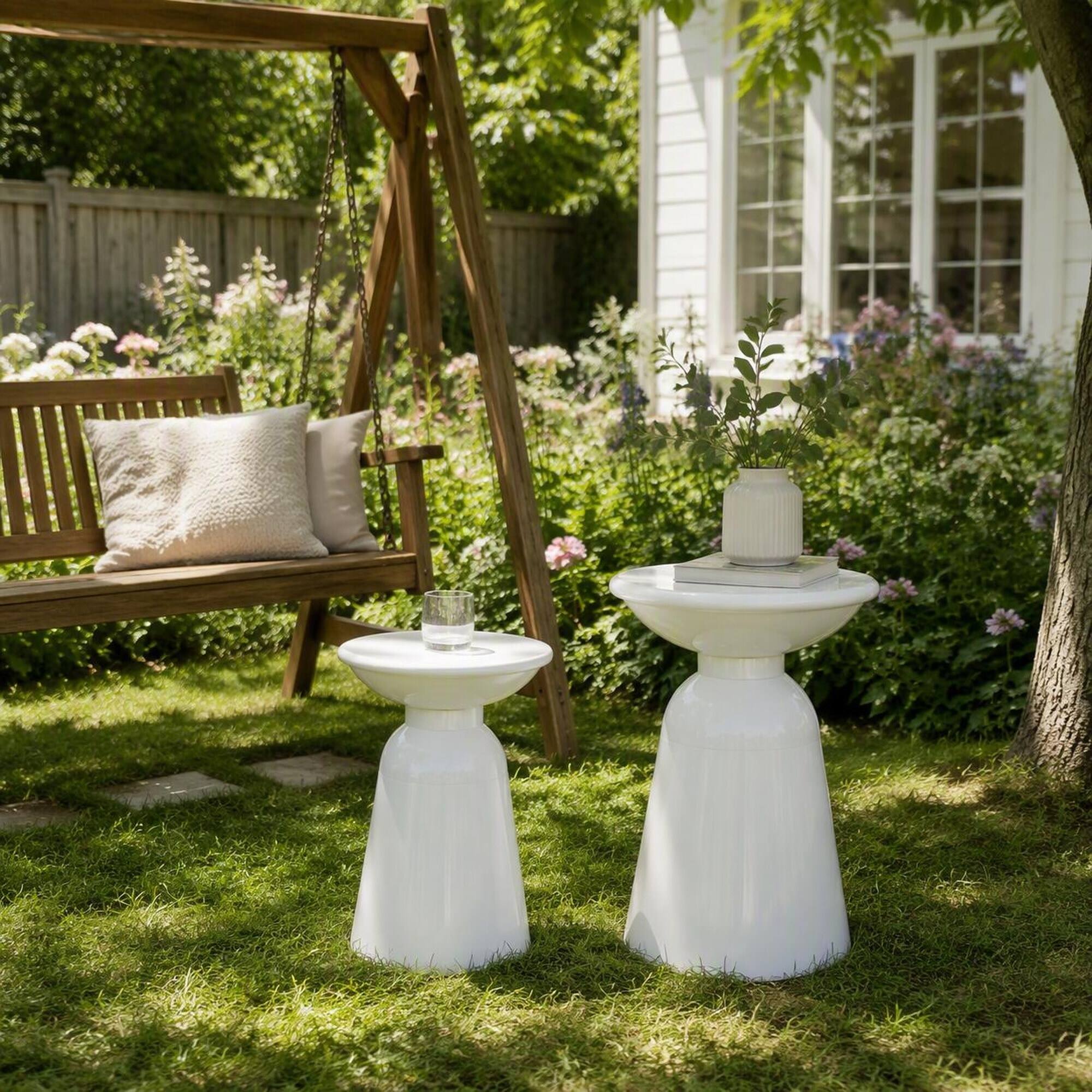 Alt View 2. RYHNUYNE - Outdoor Side Table Set of 2 White Powder-Coated Accent Tables with Flared Pedestal Base for Patio Garden Balcony - White.