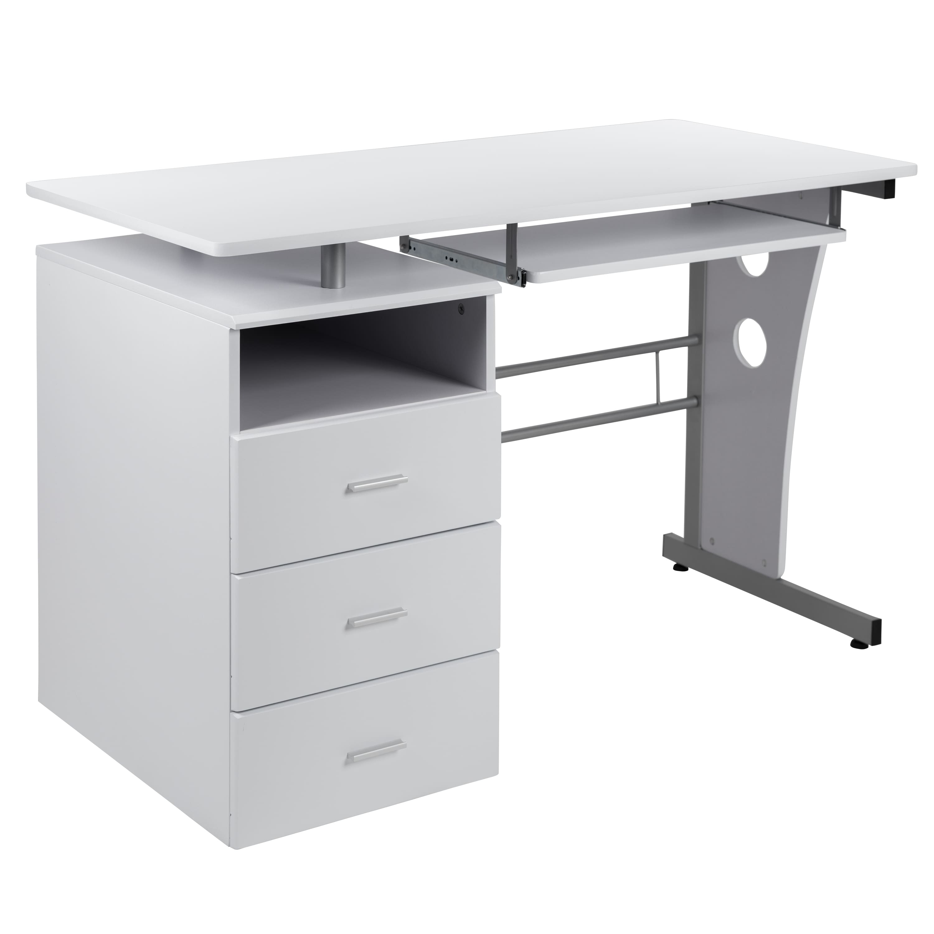 Emma + Oliver - Desk with Three Drawer Single Pedestal and Pull-Out Keyboard Tray - White