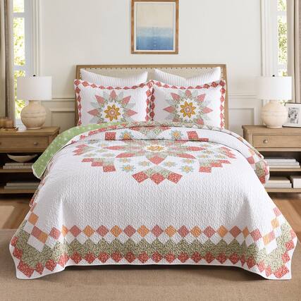 Front. MarCielo - MarCielo 3 Pcs 100% Cotton Vibrant Floral Patchwork Quilt Bedspread Set - Multicolored.