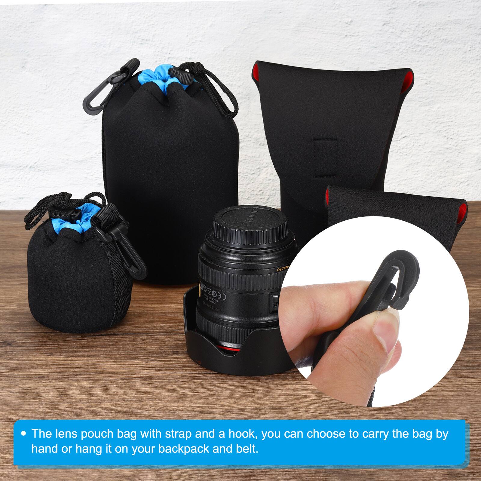 The lens pouch bag with strap and a hook, you can choose to carry the bag by hand or hang it on your backpack and belt.